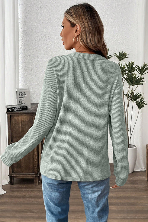 Ribbed Button Placket Banded Collar Drop Shoulder Henley Top